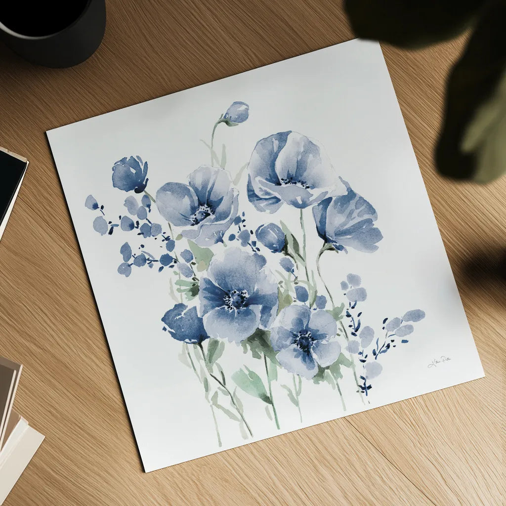Secret Garden Bouquet II Blue by Katrina Pete. Shown as a detailed flat fine art print, highlighting archival giclee quality. Available as an archival giclee rolled canvas, fine art paper, or poster print. SKU 68145a.