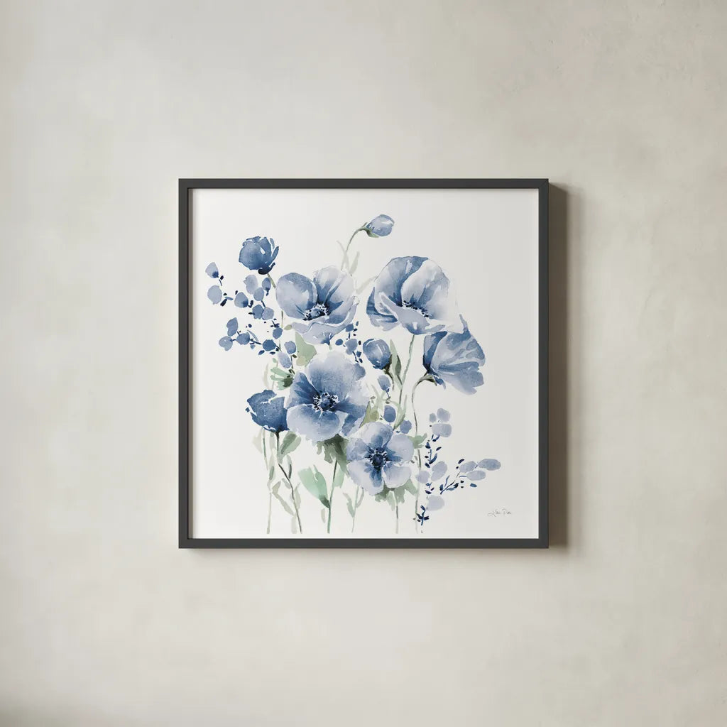 Secret Garden Bouquet II Blue by Katrina Pete. Shown in a sleek black glass frame for a contemporary gallery look. Available as an archival giclee rolled canvas, fine art paper, or poster print. SKU 68145a.
