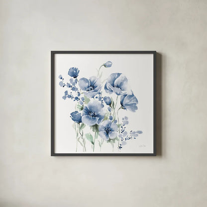 Secret Garden Bouquet II Blue by Katrina Pete. Shown in a sleek black glass frame for a contemporary gallery look. Available as an archival giclee rolled canvas, fine art paper, or poster print. SKU 68145a.