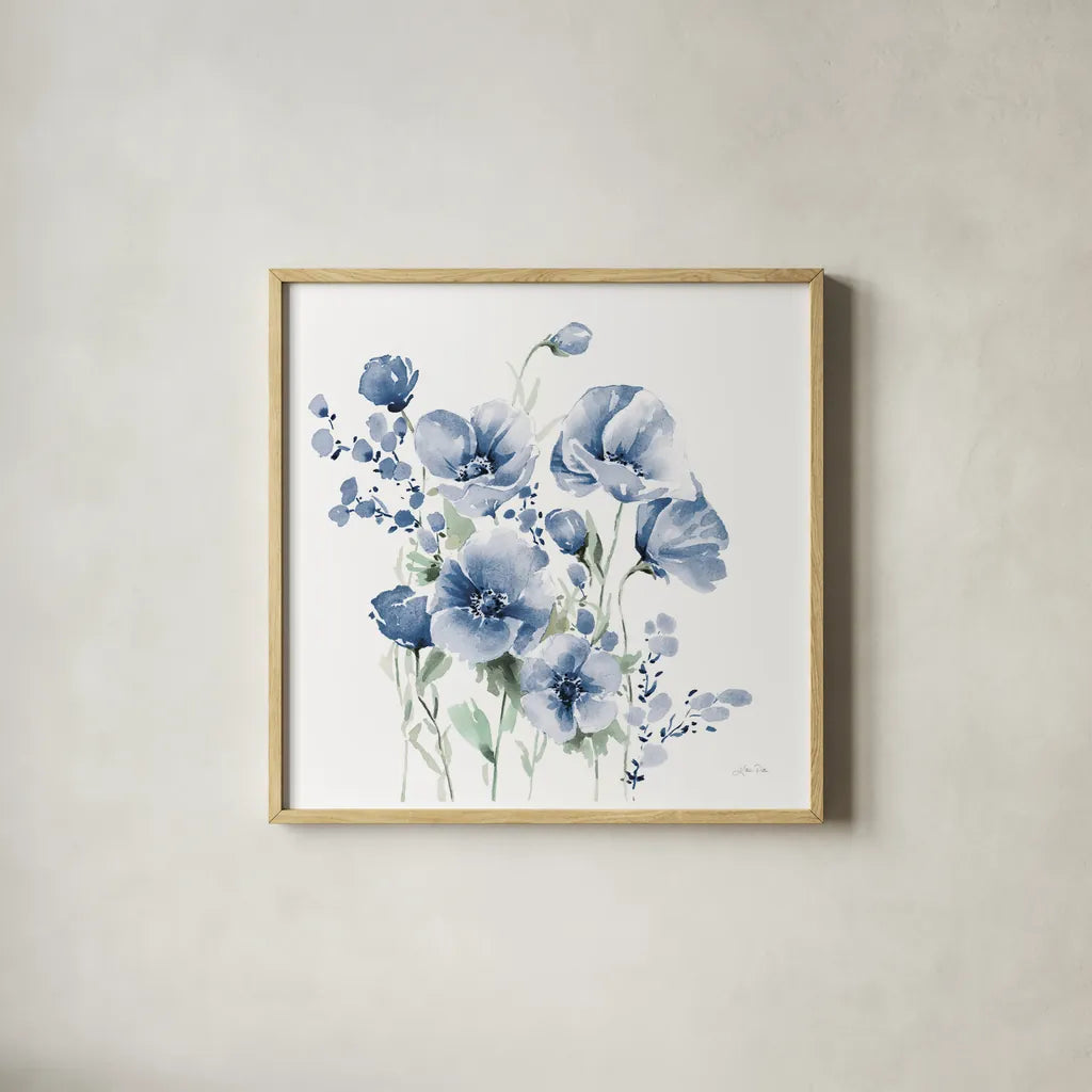 Secret Garden Bouquet II Blue by Katrina Pete. Shown in a natural wood glass frame for a timeless modern aesthetic. Available as an archival giclee rolled canvas, fine art paper, or poster print. SKU 68145a.