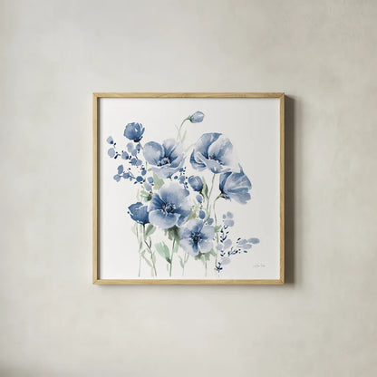 Secret Garden Bouquet II Blue by Katrina Pete. Shown in a natural wood glass frame for a timeless modern aesthetic. Available as an archival giclee rolled canvas, fine art paper, or poster print. SKU 68145a.