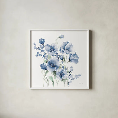 Secret Garden Bouquet II Blue by Katrina Pete. Shown in a crisp white glass frame for a clean and minimalist style. Available as an archival giclee rolled canvas, fine art paper, or poster print. SKU 68145a.