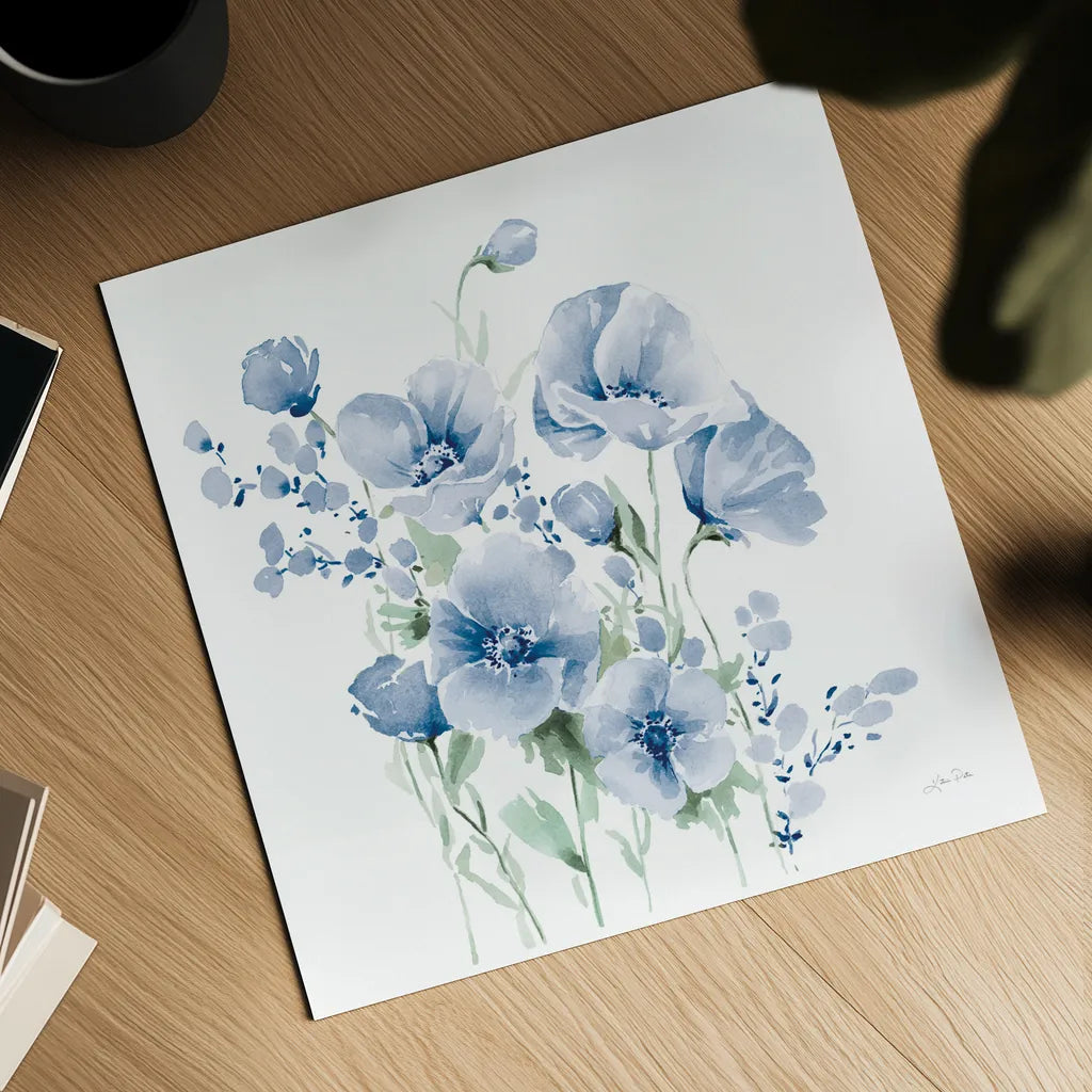 Secret Garden Bouquet II Blue Light by Katrina Pete. Shown as a detailed flat fine art print, highlighting archival giclee quality. Available as an archival giclee rolled canvas, fine art paper, or poster print. SKU 74222a.