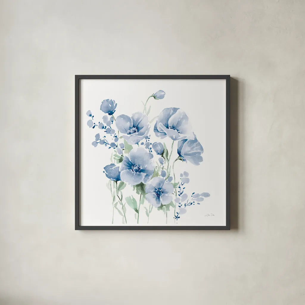 Secret Garden Bouquet II Blue Light by Katrina Pete. Shown in a sleek black glass frame for a contemporary gallery look. Available as an archival giclee rolled canvas, fine art paper, or poster print. SKU 74222a.