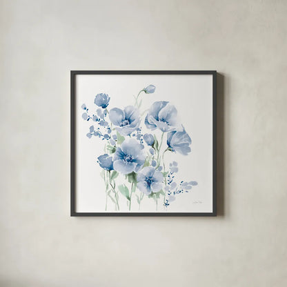 Secret Garden Bouquet II Blue Light by Katrina Pete. Shown in a sleek black glass frame for a contemporary gallery look. Available as an archival giclee rolled canvas, fine art paper, or poster print. SKU 74222a.