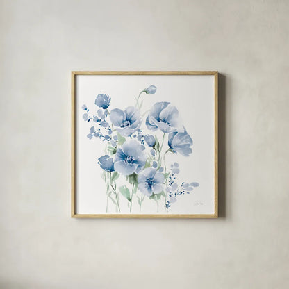 Secret Garden Bouquet II Blue Light by Katrina Pete. Shown in a natural wood glass frame for a timeless modern aesthetic. Available as an archival giclee rolled canvas, fine art paper, or poster print. SKU 74222a.