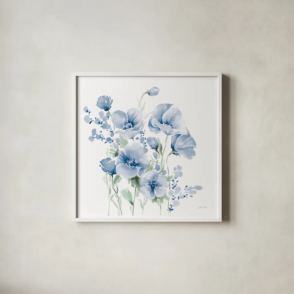 Secret Garden Bouquet II Blue Light by Katrina Pete. Shown in a crisp white glass frame for a clean and minimalist style. Available as an archival giclee rolled canvas, fine art paper, or poster print. SKU 74222a.