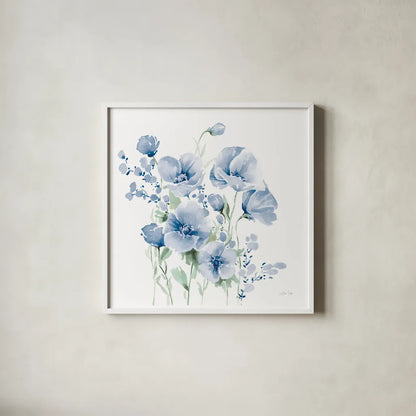 Secret Garden Bouquet II Blue Light by Katrina Pete. Shown in a crisp white glass frame for a clean and minimalist style. Available as an archival giclee rolled canvas, fine art paper, or poster print. SKU 74222a.