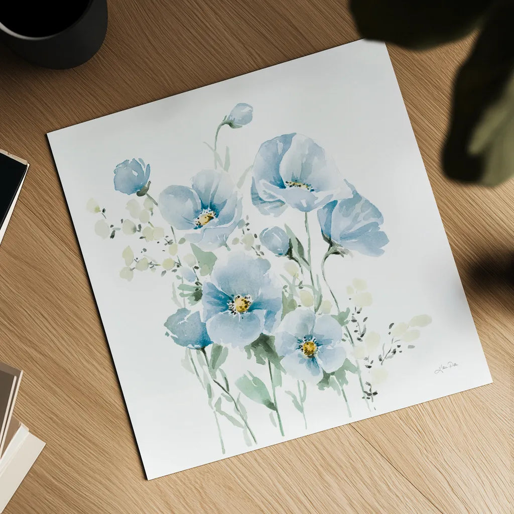 Secret Garden Bouquet II Pale Blue by Katrina Pete. Shown as a detailed flat fine art print, highlighting archival giclee quality. Available as an archival giclee rolled canvas, fine art paper, or poster print. SKU 83100a.