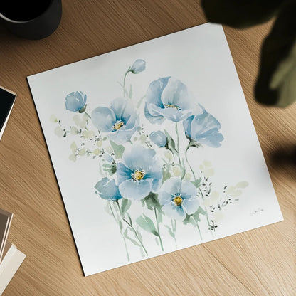 Secret Garden Bouquet II Pale Blue by Katrina Pete. Shown as a detailed flat fine art print, highlighting archival giclee quality. Available as an archival giclee rolled canvas, fine art paper, or poster print. SKU 83100a.