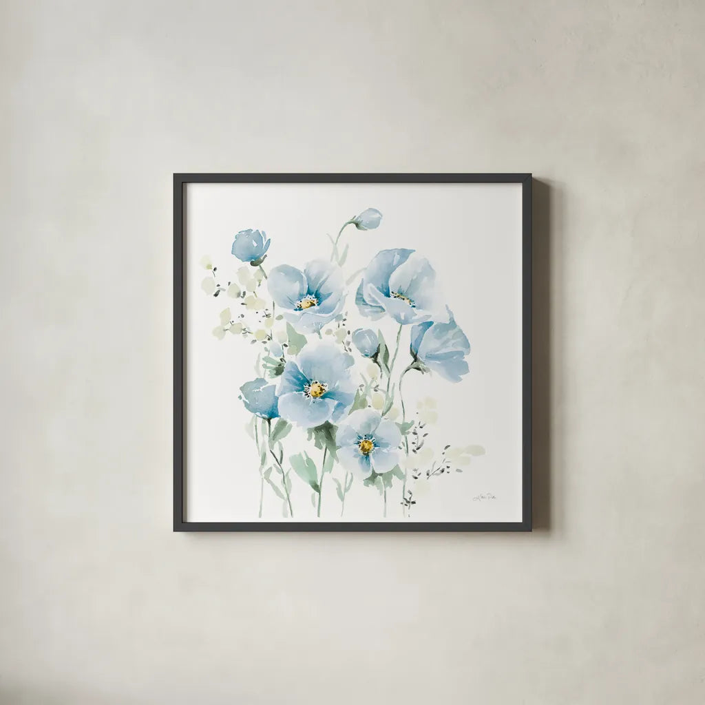 Secret Garden Bouquet II Pale Blue by Katrina Pete. Shown in a sleek black glass frame for a contemporary gallery look. Available as an archival giclee rolled canvas, fine art paper, or poster print. SKU 83100a.