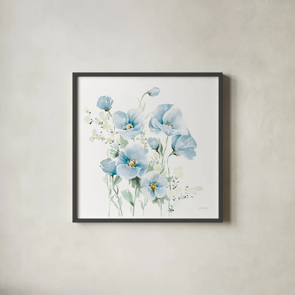 Secret Garden Bouquet II Pale Blue by Katrina Pete. Shown in a sleek black glass frame for a contemporary gallery look. Available as an archival giclee rolled canvas, fine art paper, or poster print. SKU 83100a.