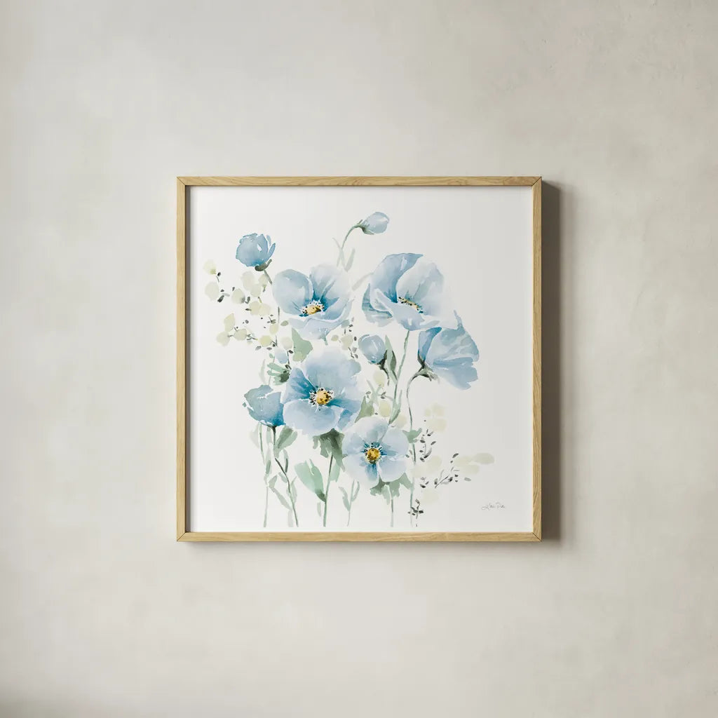 Secret Garden Bouquet II Pale Blue by Katrina Pete. Shown in a natural wood glass frame for a timeless modern aesthetic. Available as an archival giclee rolled canvas, fine art paper, or poster print. SKU 83100a.