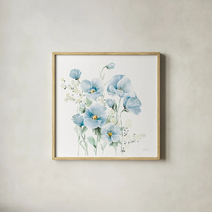Secret Garden Bouquet II Pale Blue by Katrina Pete. Shown in a natural wood glass frame for a timeless modern aesthetic. Available as an archival giclee rolled canvas, fine art paper, or poster print. SKU 83100a.