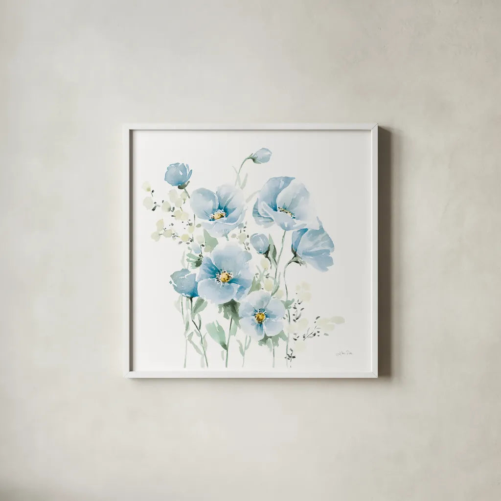 Secret Garden Bouquet II Pale Blue by Katrina Pete. Shown in a crisp white glass frame for a clean and minimalist style. Available as an archival giclee rolled canvas, fine art paper, or poster print. SKU 83100a.