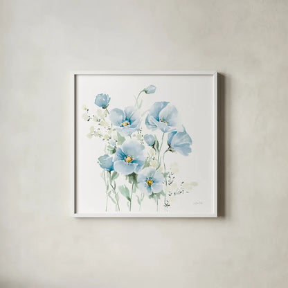 Secret Garden Bouquet II Pale Blue by Katrina Pete. Shown in a crisp white glass frame for a clean and minimalist style. Available as an archival giclee rolled canvas, fine art paper, or poster print. SKU 83100a.