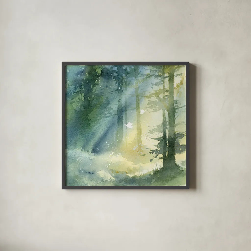 Shady Grove by Katrina Pete. Shown in a sleek black glass frame for a contemporary gallery look. Available as an archival giclee rolled canvas, fine art paper, or poster print. SKU 65980a.