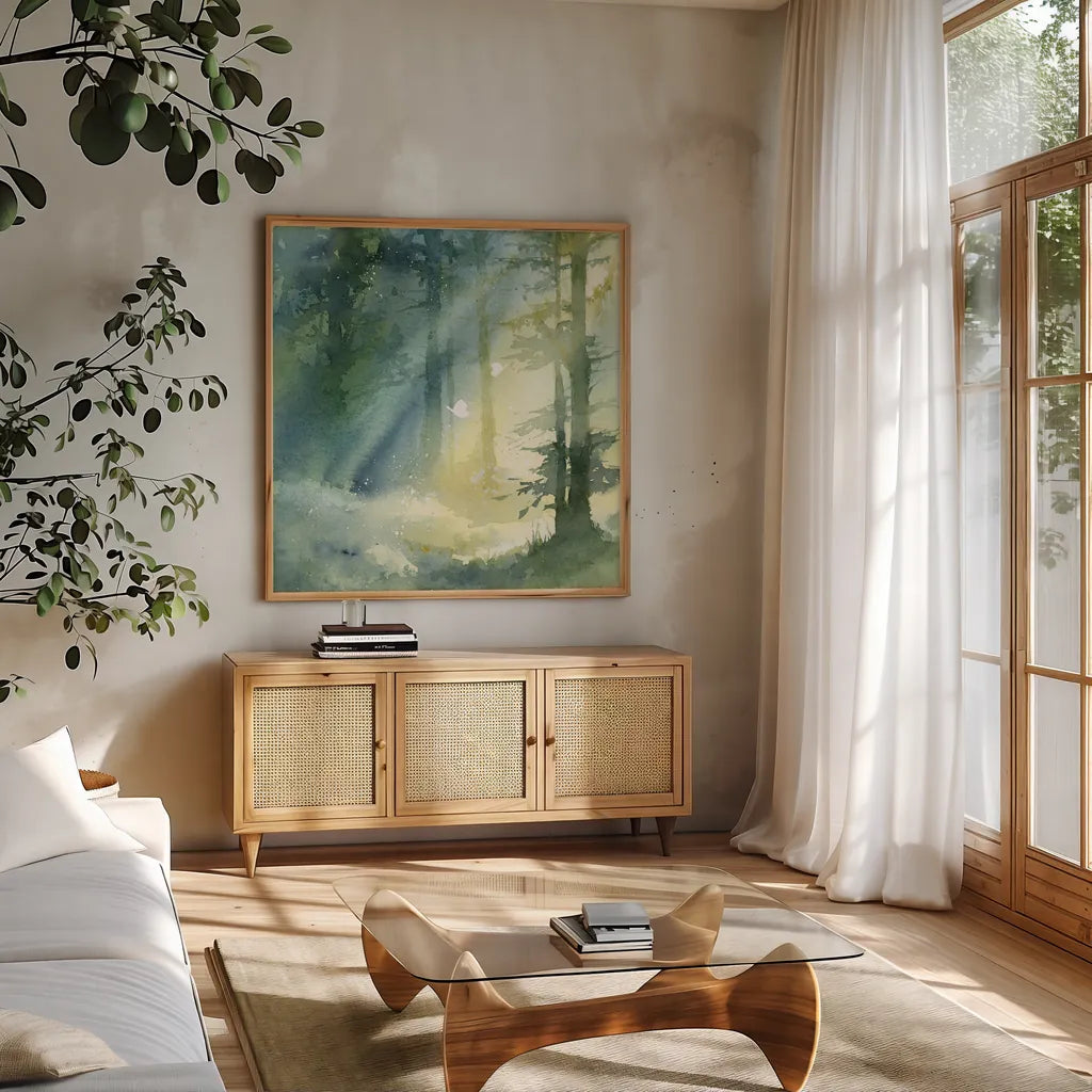 Shady Grove by Katrina Pete. Shown in a natural wood frame in a cozy modern living room. Available as an archival giclee rolled canvas, fine art paper, or poster print. SKU 65980a.