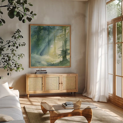 Shady Grove by Katrina Pete. Shown in a natural wood frame in a cozy modern living room. Available as an archival giclee rolled canvas, fine art paper, or poster print. SKU 65980a.