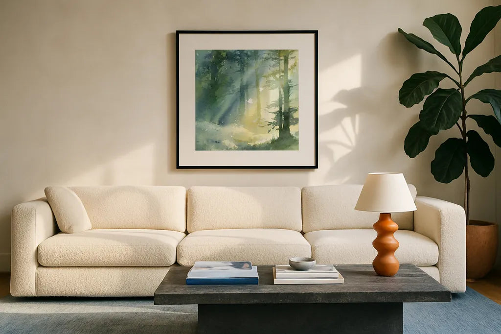Shady Grove by Katrina Pete. Displayed in a glass frame with matte in a clean modern living room. Available as an archival giclee rolled canvas, fine art paper, or poster print. SKU 65980a.