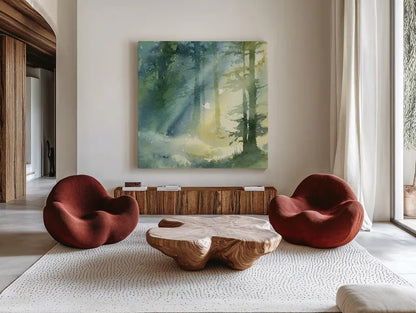 Shady Grove by Katrina Pete. Shown as extra-large giant wall art in a modern living room. Available as an archival giclee rolled canvas, fine art paper, or poster print. SKU 65980a.
