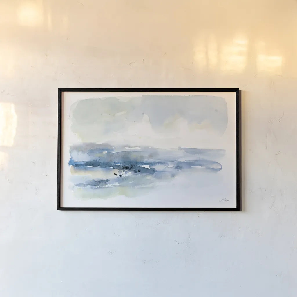 Shoreline Blues I by Katrina Pete. shown as a paper print in a black flame. Available as a archival giclee rolled canvas, fine art paper, or poster print. SKU 72736i.