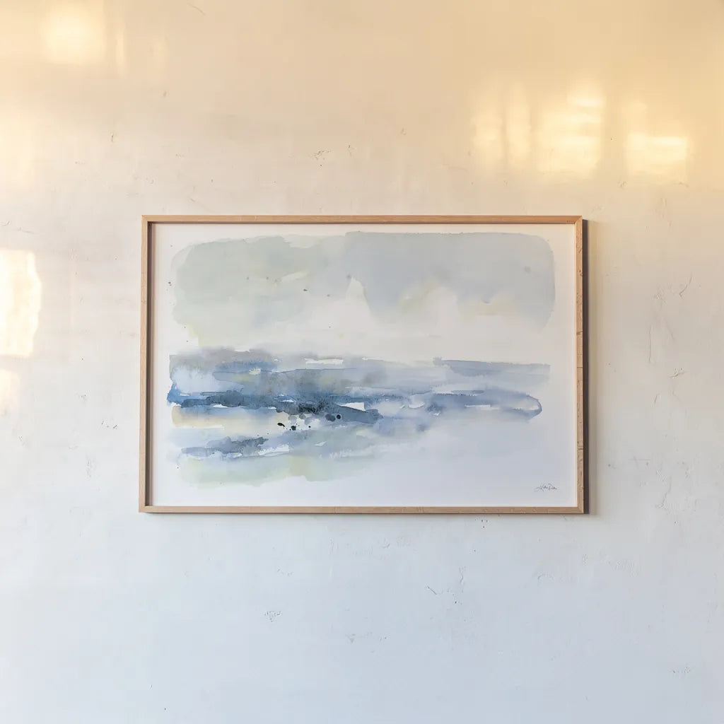 Shoreline Blues I by Katrina Pete. shown as a paper print in a natural frame. Available as a archival giclee rolled canvas, fine art paper, or poster print. SKU 72736i.