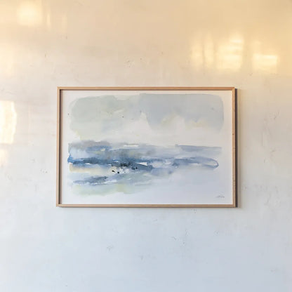 Shoreline Blues I by Katrina Pete. shown as a paper print in a natural frame. Available as a archival giclee rolled canvas, fine art paper, or poster print. SKU 72736i.