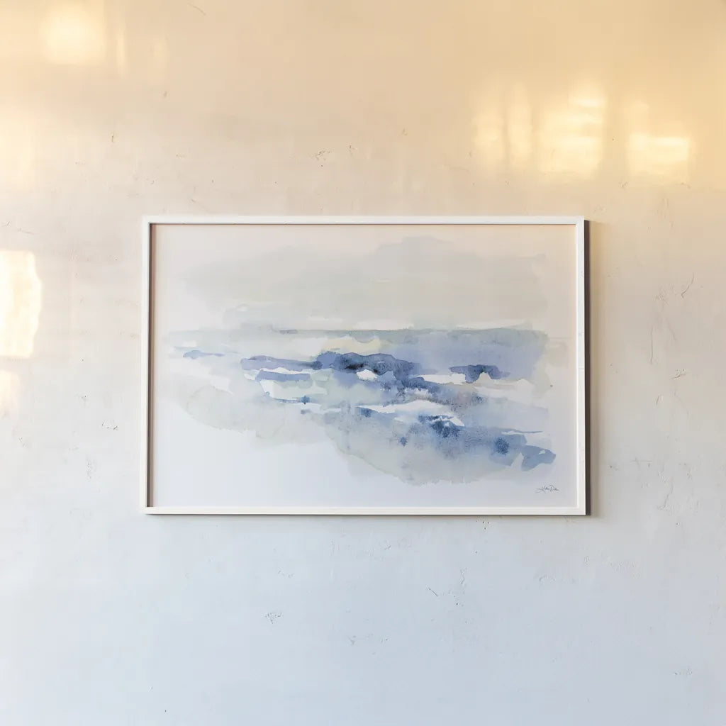 Shoreline Blues II by Katrina Pete. shown as a paper print in a white frame. Available as a archival giclee rolled canvas, fine art paper, or poster print. SKU 72737i.