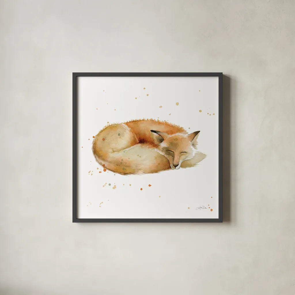 Sleeping Fox by Katrina Pete. Shown in a sleek black glass frame for a contemporary gallery look. Available as an archival giclee rolled canvas, fine art paper, or poster print. SKU 76203a.
