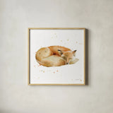 Sleeping Fox by Katrina Pete. Shown in a natural wood glass frame for a timeless modern aesthetic. Available as an archival giclee rolled canvas, fine art paper, or poster print. SKU 76203a.