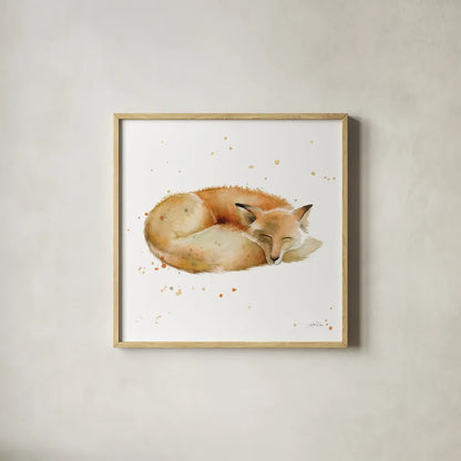Sleeping Fox by Katrina Pete. Shown in a natural wood glass frame for a timeless modern aesthetic. Available as an archival giclee rolled canvas, fine art paper, or poster print. SKU 76203a.