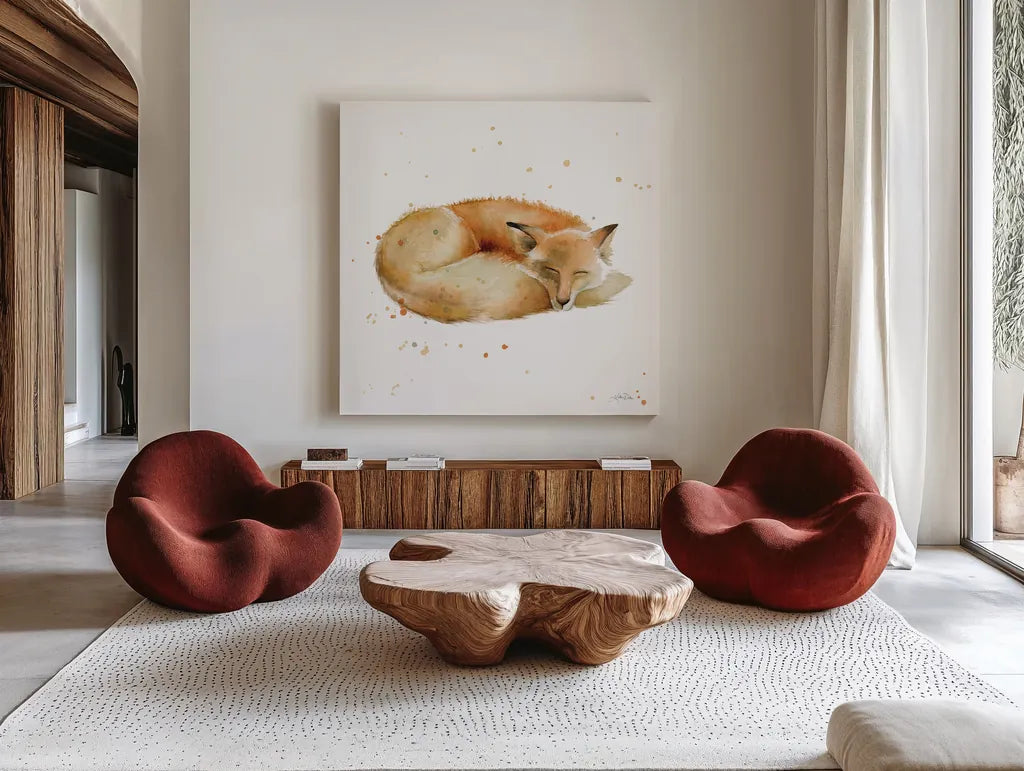 Sleeping Fox by Katrina Pete. Shown as extra-large giant wall art in a modern living room. Available as an archival giclee rolled canvas, fine art paper, or poster print. SKU 76203a.