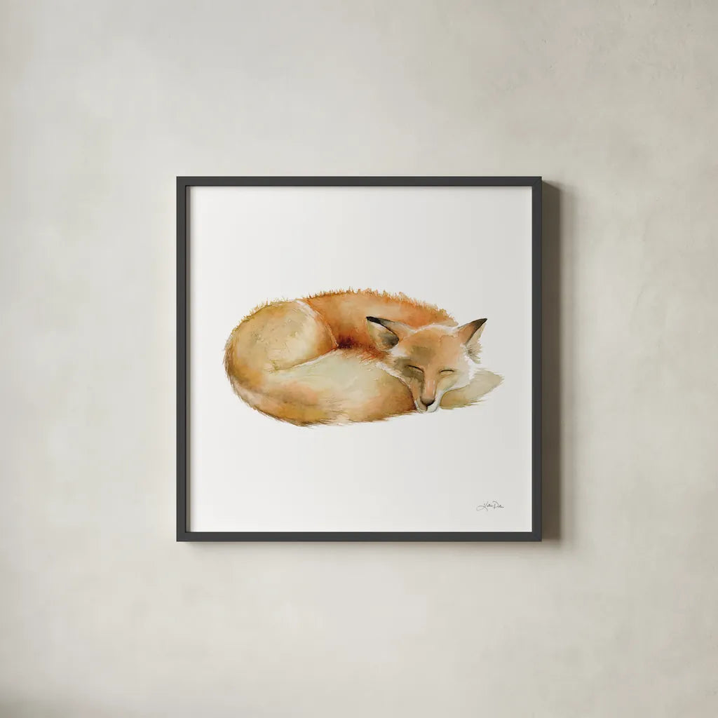 Sleeping Fox on White by Katrina Pete. Shown in a sleek black glass frame for a contemporary gallery look. Available as an archival giclee rolled canvas, fine art paper, or poster print. SKU 77224a.