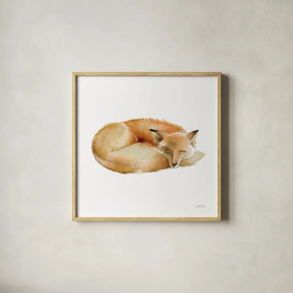 Sleeping Fox on White by Katrina Pete. Shown in a natural wood glass frame for a timeless modern aesthetic. Available as an archival giclee rolled canvas, fine art paper, or poster print. SKU 77224a.
