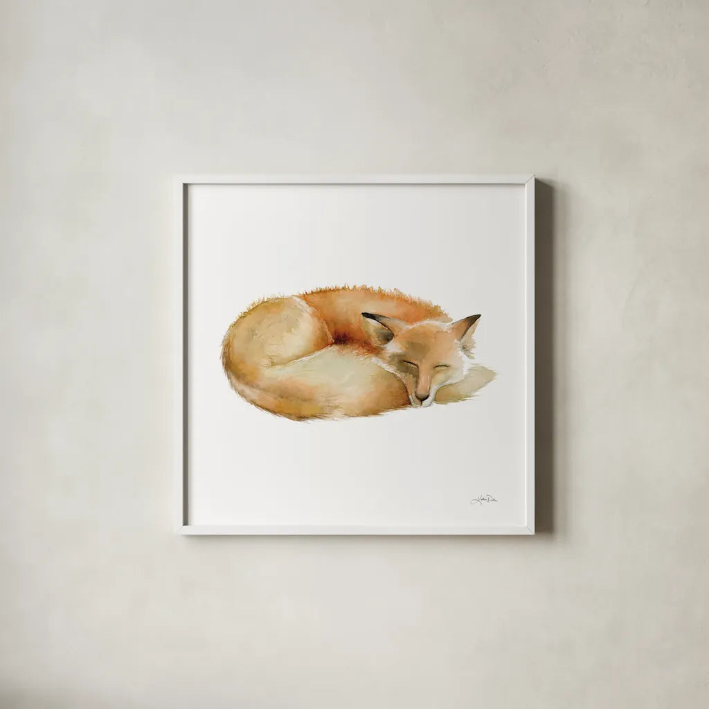 Sleeping Fox on White by Katrina Pete. Shown in a crisp white glass frame for a clean and minimalist style. Available as an archival giclee rolled canvas, fine art paper, or poster print. SKU 77224a.