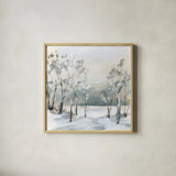 Snowy Winter Trees by Katrina Pete. Shown in a natural wood glass frame for a timeless modern aesthetic. Available as an archival giclee rolled canvas, fine art paper, or poster print. SKU 82653a.