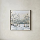 Snowy Winter Trees by Katrina Pete. Shown in a crisp white glass frame for a clean and minimalist style. Available as an archival giclee rolled canvas, fine art paper, or poster print. SKU 82653a.