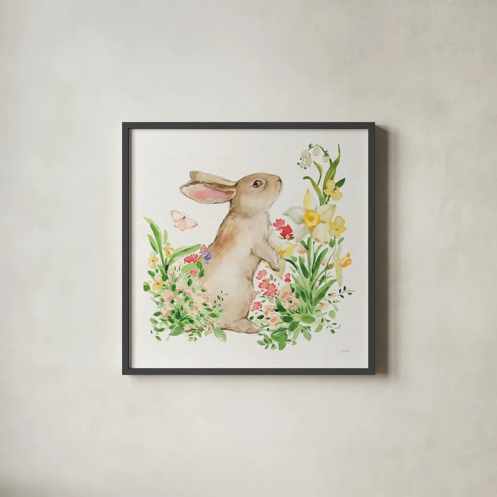 Spring Celebration I by Katrina Pete. Shown in a sleek black glass frame for a contemporary gallery look. Available as an archival giclee rolled canvas, fine art paper, or poster print. SKU 97414a.