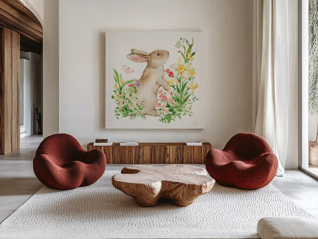 Spring Celebration I by Katrina Pete. Shown as extra-large giant wall art in a modern living room. Available as an archival giclee rolled canvas, fine art paper, or poster print. SKU 97414a.
