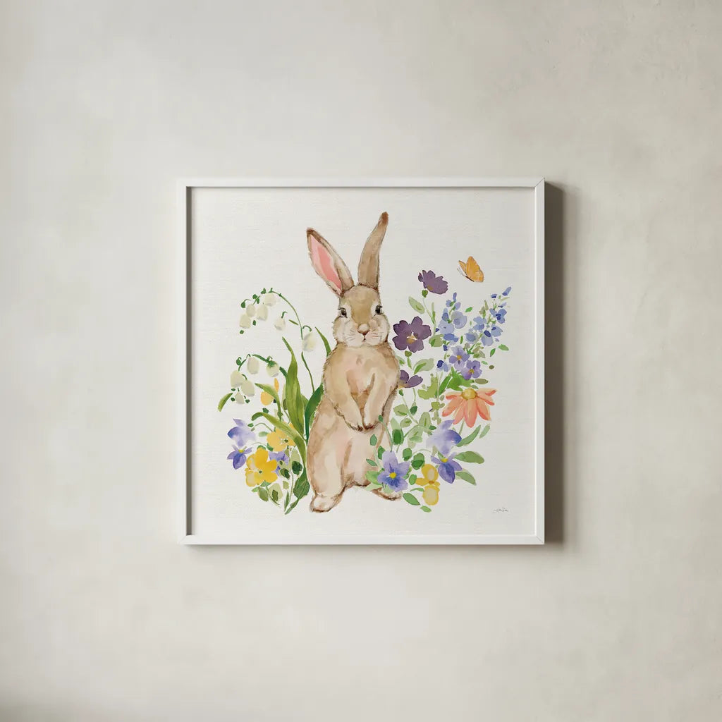 Spring Celebration II by Katrina Pete. Shown in a crisp white glass frame for a clean and minimalist style. Available as an archival giclee rolled canvas, fine art paper, or poster print. SKU 97415a.