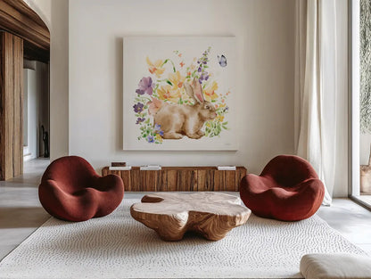Spring Celebration III by Katrina Pete. Shown as extra-large giant wall art in a modern living room. Available as an archival giclee rolled canvas, fine art paper, or poster print. SKU 97416a.