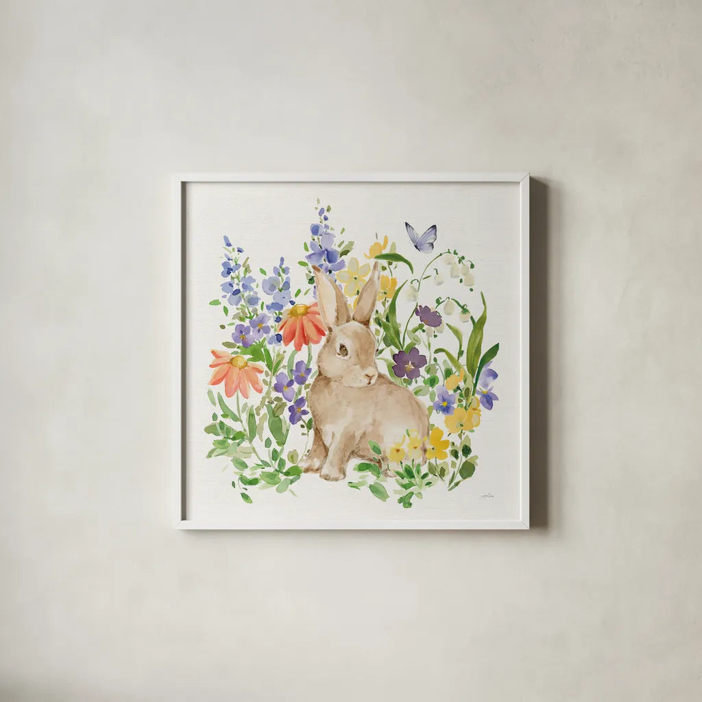 Spring Celebration IV by Katrina Pete. Shown in a crisp white glass frame for a clean and minimalist style. Available as an archival giclee rolled canvas, fine art paper, or poster print. SKU 97417a.