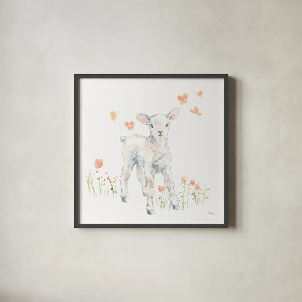 Spring Lambs I by Katrina Pete. Shown in a sleek black glass frame for a contemporary gallery look. Available as an archival giclee rolled canvas, fine art paper, or poster print. SKU 77830a.