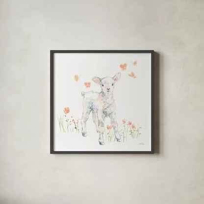 Spring Lambs I by Katrina Pete. Shown in a sleek black glass frame for a contemporary gallery look. Available as an archival giclee rolled canvas, fine art paper, or poster print. SKU 77830a.