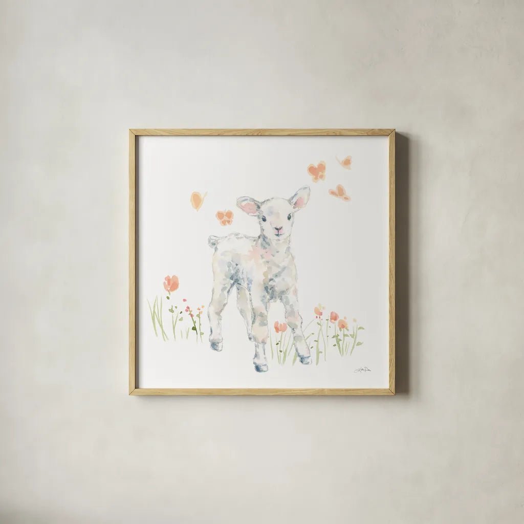 Spring Lambs I by Katrina Pete. Shown in a natural wood glass frame for a timeless modern aesthetic. Available as an archival giclee rolled canvas, fine art paper, or poster print. SKU 77830a.