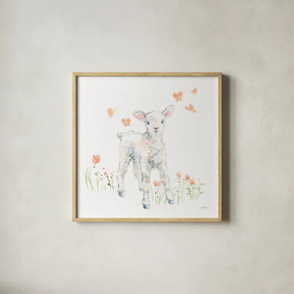 Spring Lambs I by Katrina Pete. Shown in a natural wood glass frame for a timeless modern aesthetic. Available as an archival giclee rolled canvas, fine art paper, or poster print. SKU 77830a.