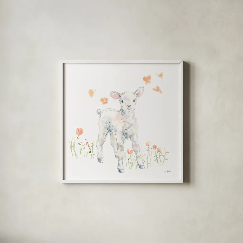 Spring Lambs I by Katrina Pete. Shown in a crisp white glass frame for a clean and minimalist style. Available as an archival giclee rolled canvas, fine art paper, or poster print. SKU 77830a.