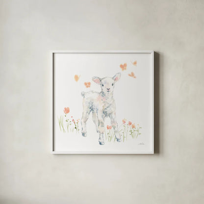 Spring Lambs I by Katrina Pete. Shown in a crisp white glass frame for a clean and minimalist style. Available as an archival giclee rolled canvas, fine art paper, or poster print. SKU 77830a.