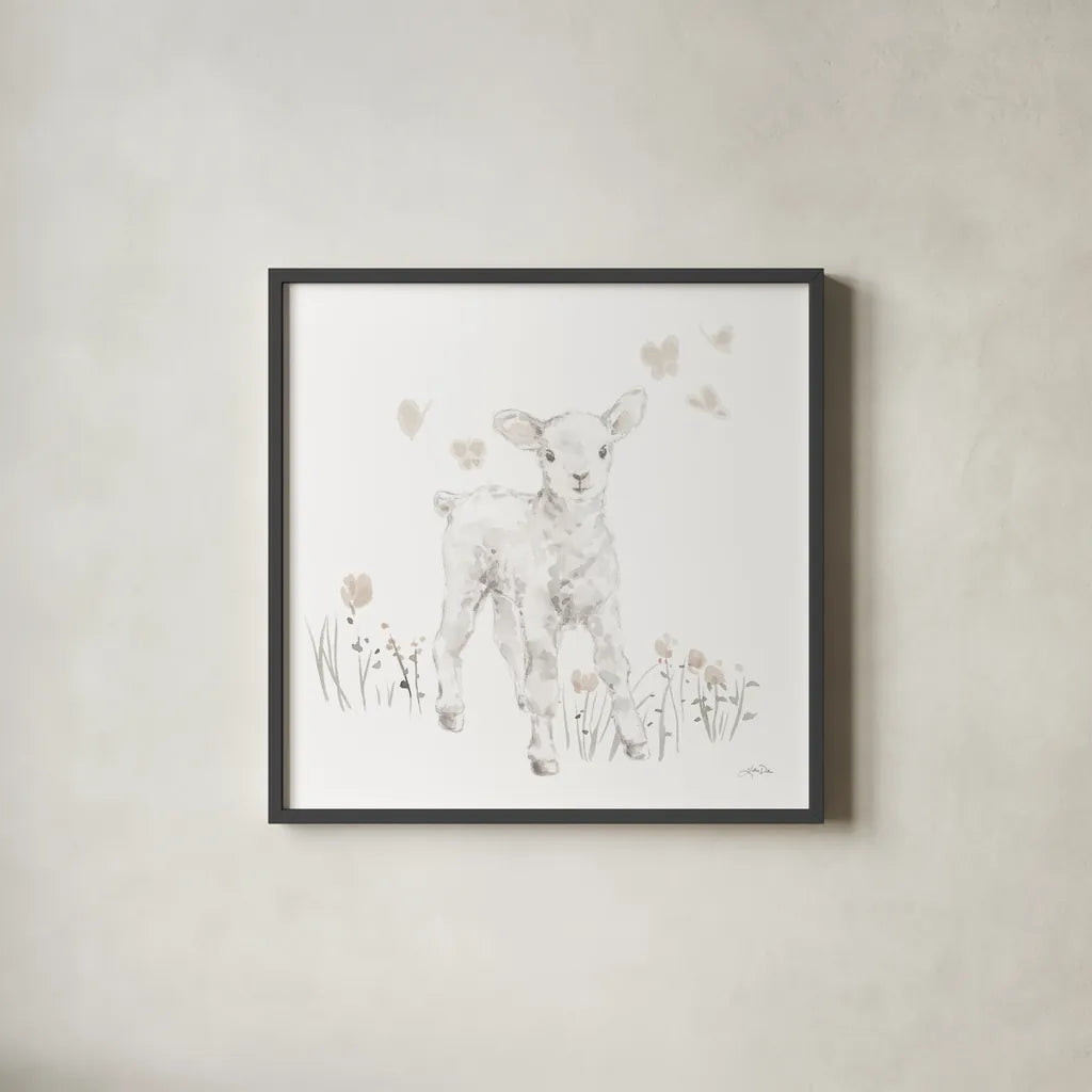 Spring Lambs I Neutral by Katrina Pete. Shown in a sleek black glass frame for a contemporary gallery look. Available as an archival giclee rolled canvas, fine art paper, or poster print. SKU 78758a.